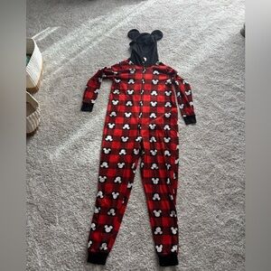 Disney Red and Black Buffalo Plaid Mickey Hooded One-Piece Pajamas